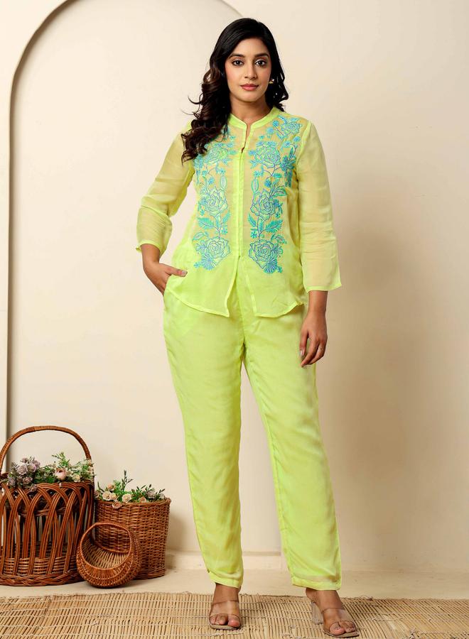 KASYA Green Embroidered Organza Co-Ord Set - Image 3